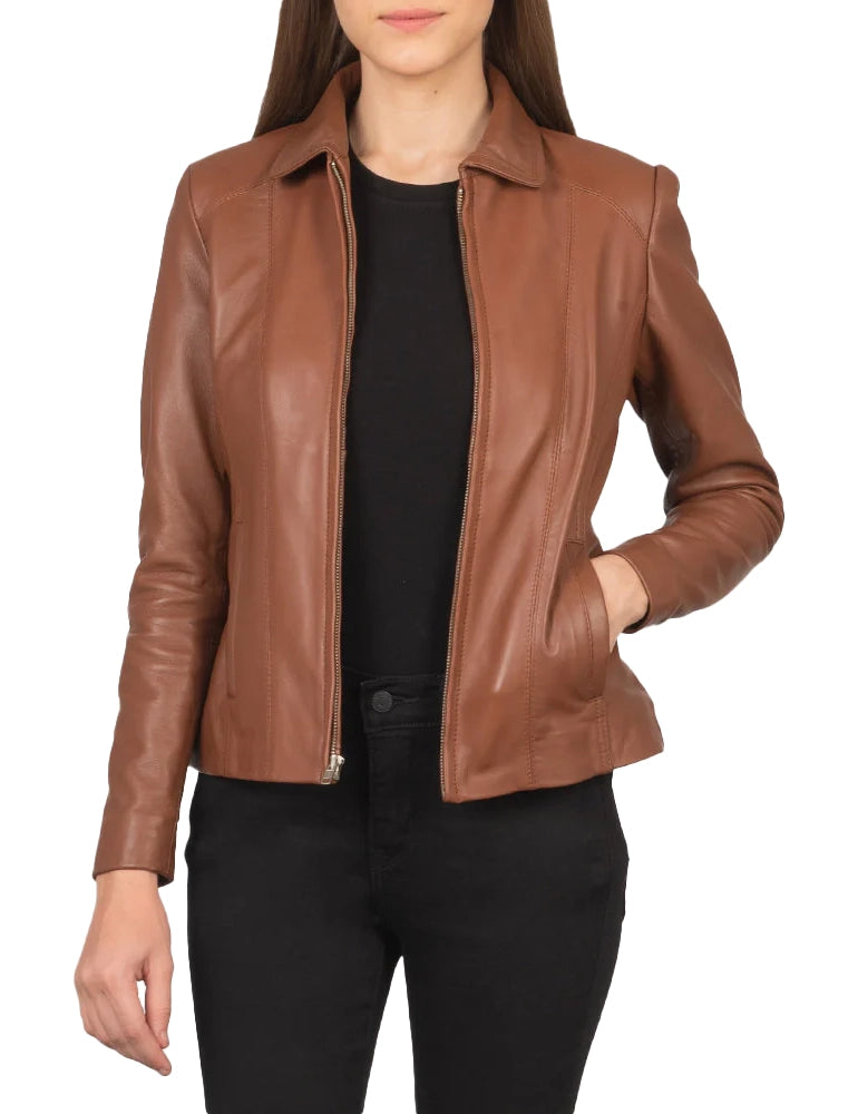 Women’s Colette Brown Lambskin Leather Jacket – Stylish Biker & Casual Wear