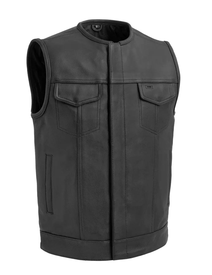 First Mfg Co Men’s Black Leather Biker Vest – Motorcycle Riding Vest