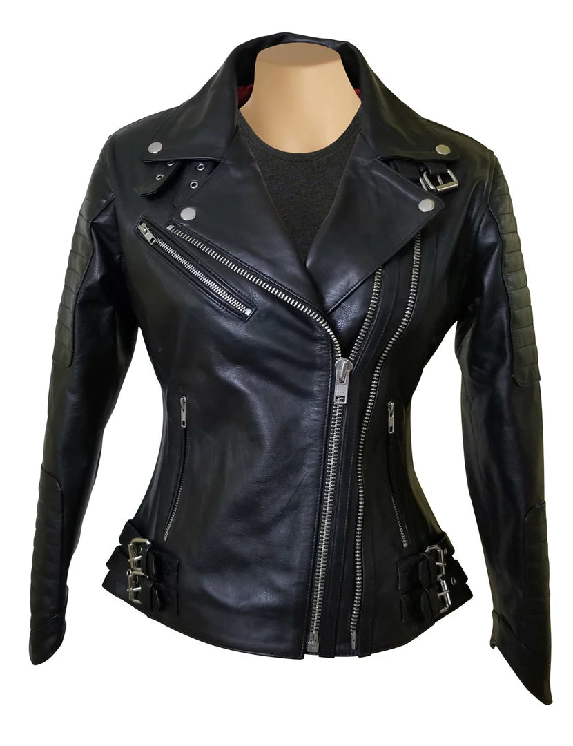 Miyah Women’s Double Zipper Leather Jacket with Ribbed Detailing