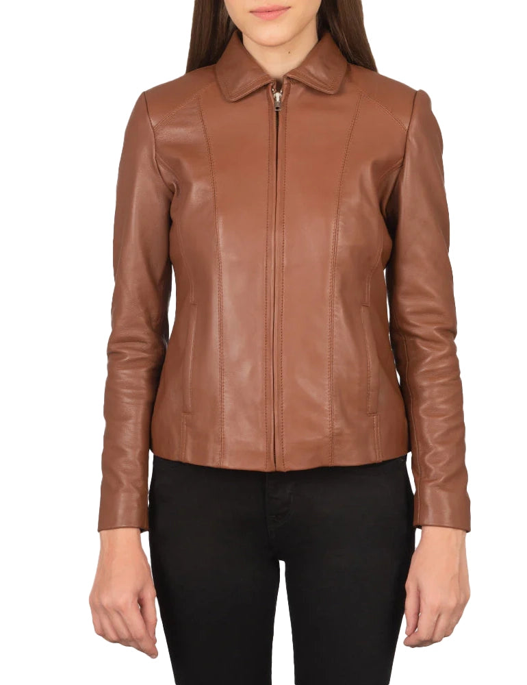 Women’s Colette Brown Lambskin Leather Jacket – Stylish Biker & Casual Wear