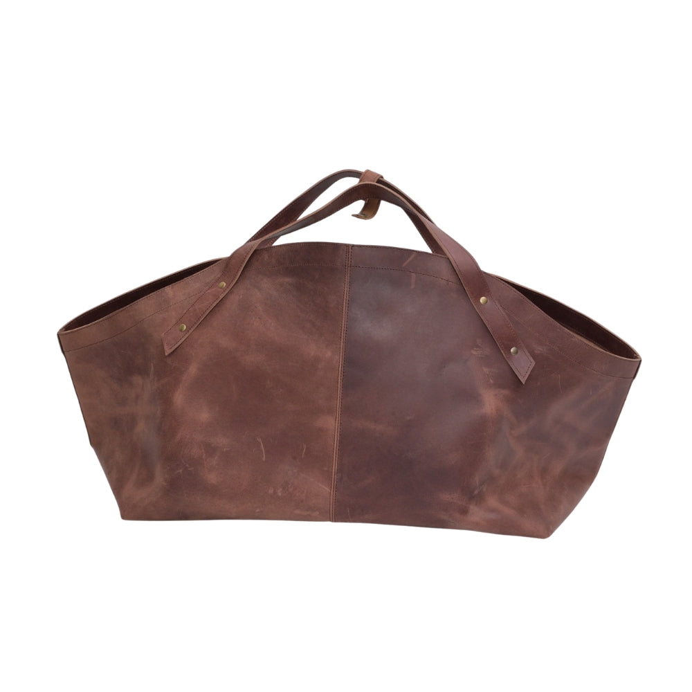 Leather Firewood Log Carrier Bag – Handmade Tote | Wooden Basket Style with Handles