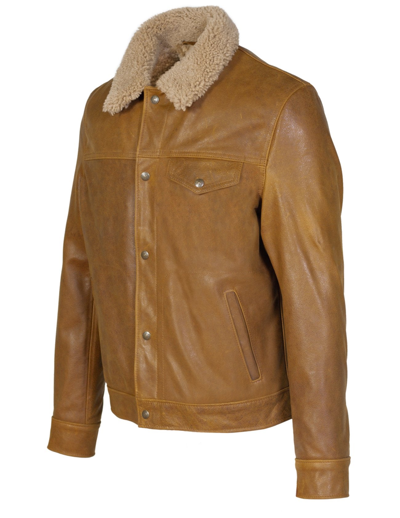 Men’s Buffalo Leather Trucker Jacket with Sheepskin Collar