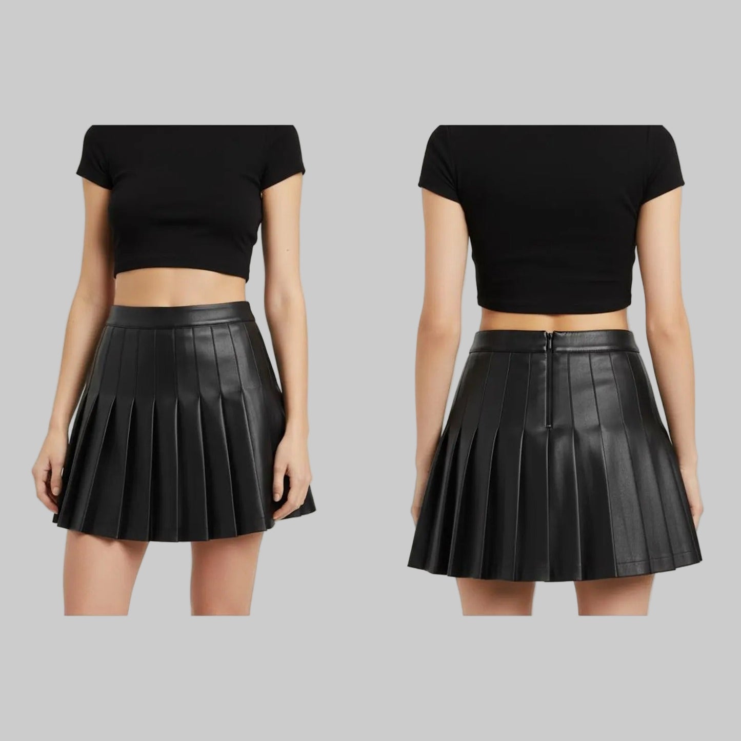 Black pleated skirt worn by a person on a white background