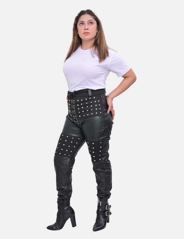 Women's Black Leather Studded Pant For Women