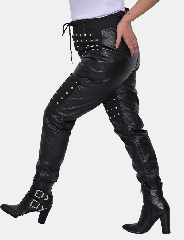 Women's Black Leather Studded Pant For Women