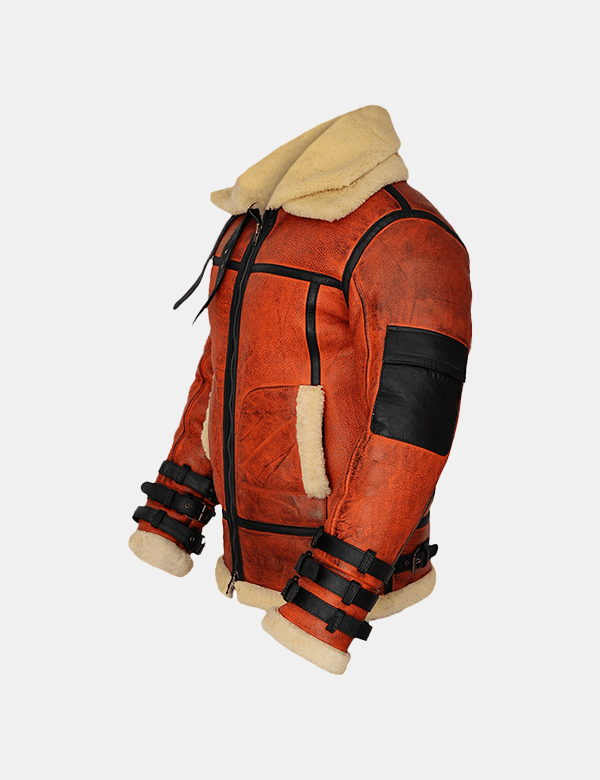Men Bomber Jacket Shearling Sheepskin Winter leather flight Coat