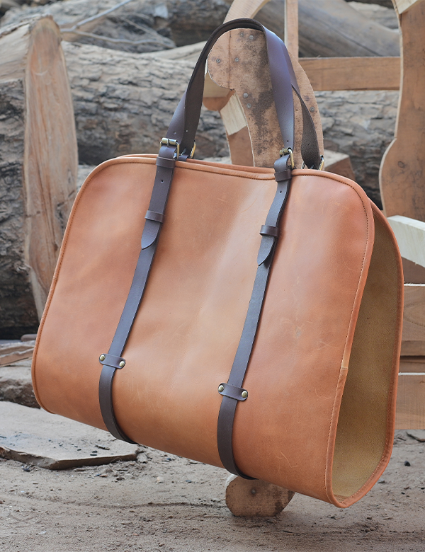 Leather Log Carrier Handmade Firewood Tote Bag