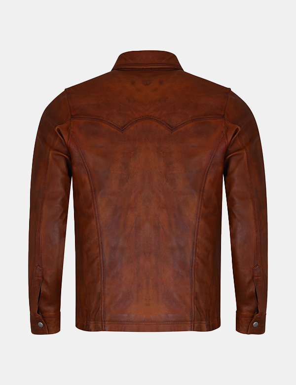 Men Trucker Slim Fit Brown Leather Shirt