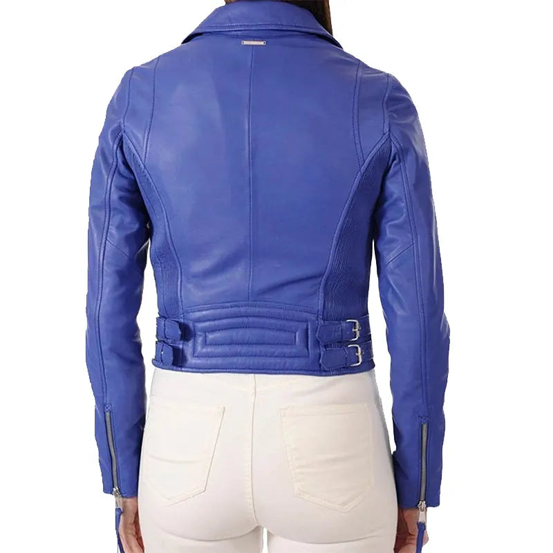 Blue leather jacket worn by a person on a white background