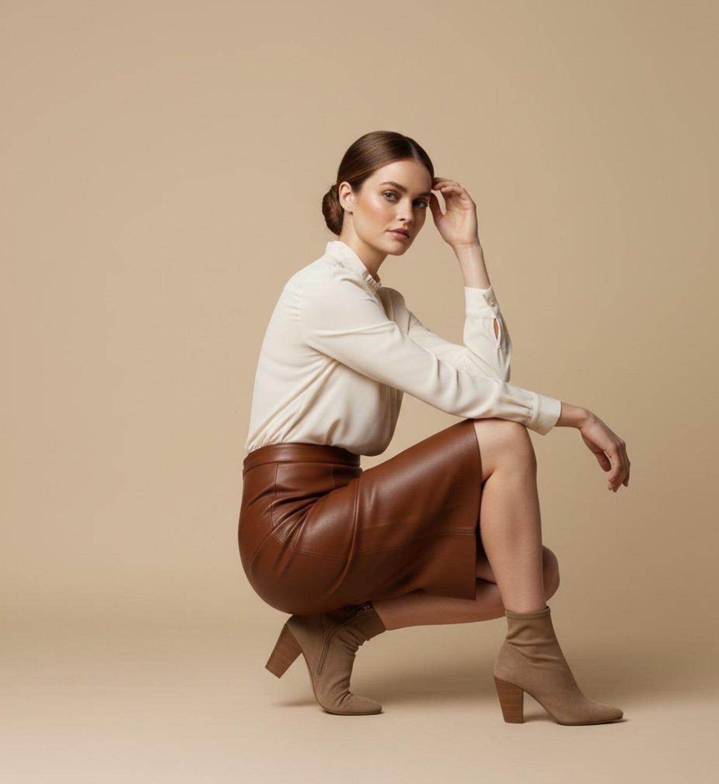 Woman wearing a white blouse, brown leather skirt, and beige boots on a beige background