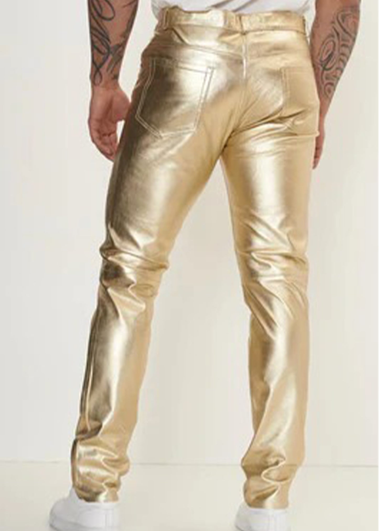 EENACRAFTS men's genuine gold metallic leather slim fit trousers.
