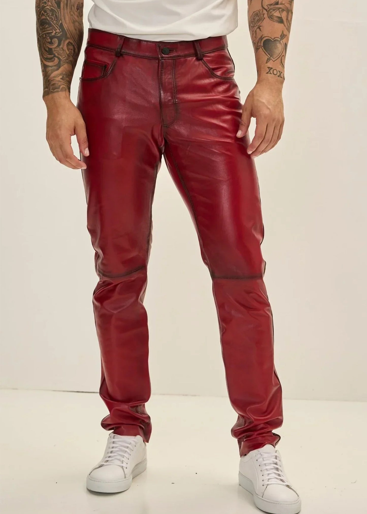 EENACRAFTS men's genuine red leather slim fit trousers, tailored stitching detail.