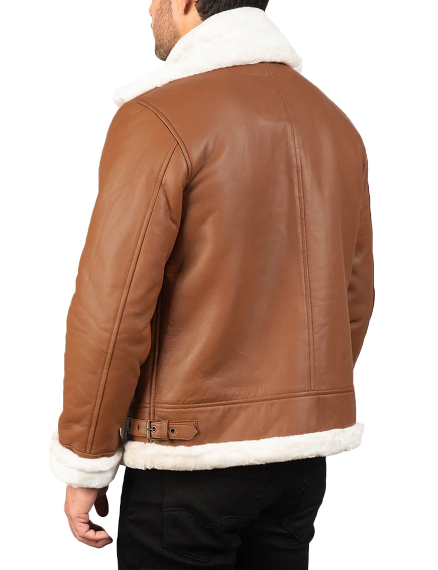 Men’s Brown & White Sheepskin Leather Bomber Jacket with Shearling Fur Lining – Winter Aviator Style
