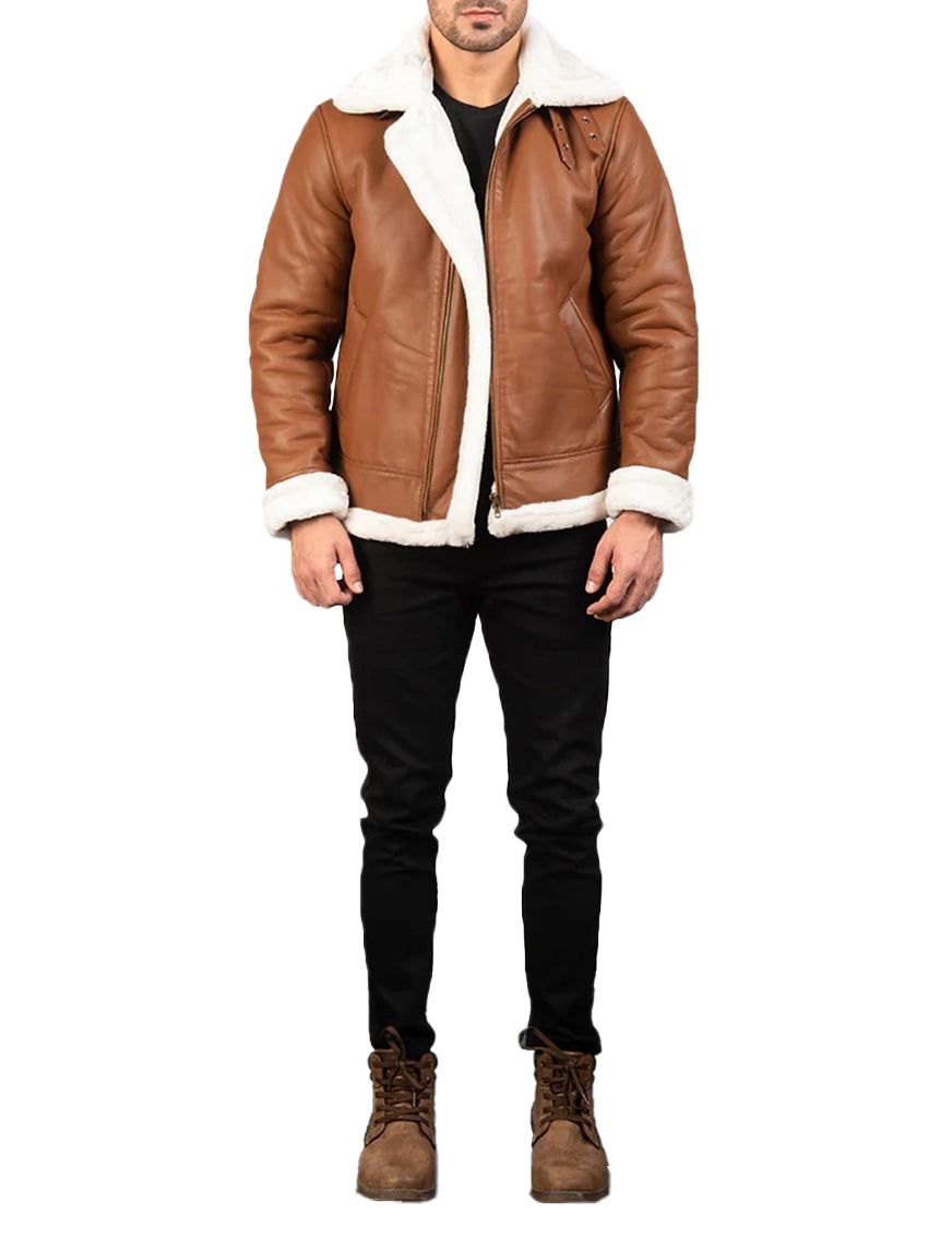 Men’s Brown & White Sheepskin Leather Bomber Jacket with Shearling Fur Lining – Winter Aviator Style