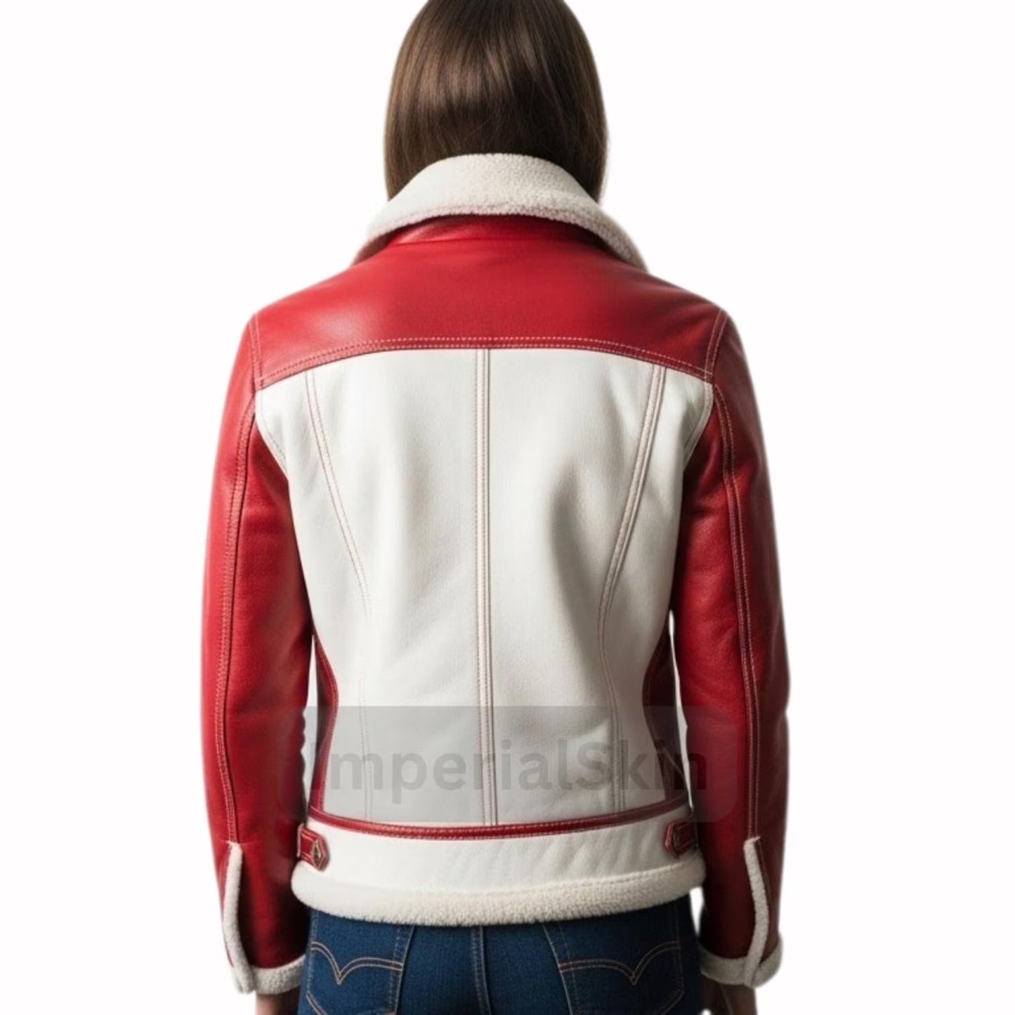Red and white leather jacket worn by a person on a white background