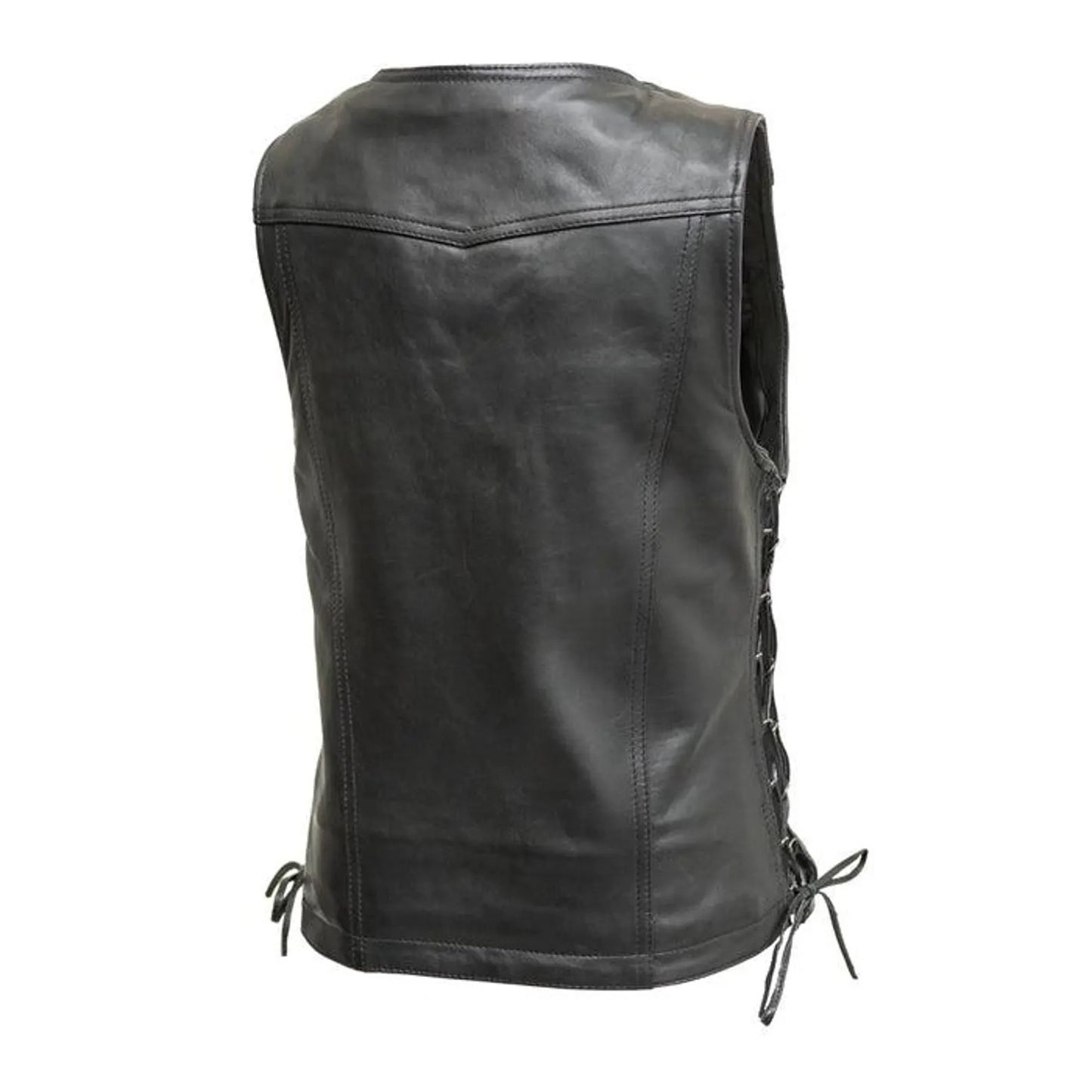 Black leather vest with lace-up sides on a white background