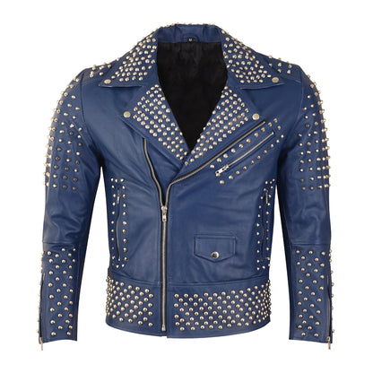 Men’s Navy Studded Biker Leather Jacket – Punk Motorcycle Style