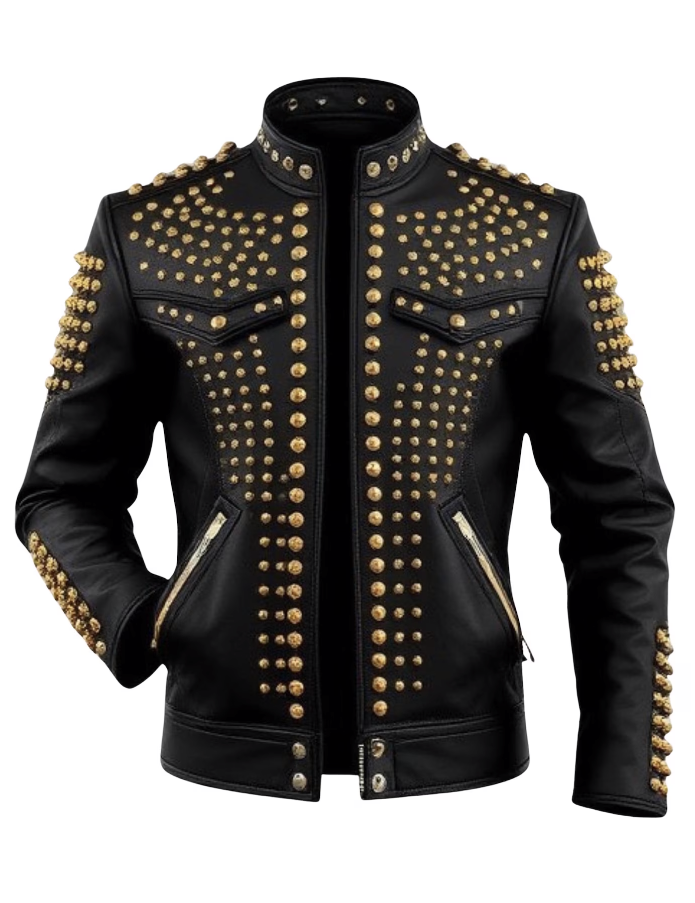 Men’s Black Studded Leather Biker Jacket – Gold Punk Rockstar Style