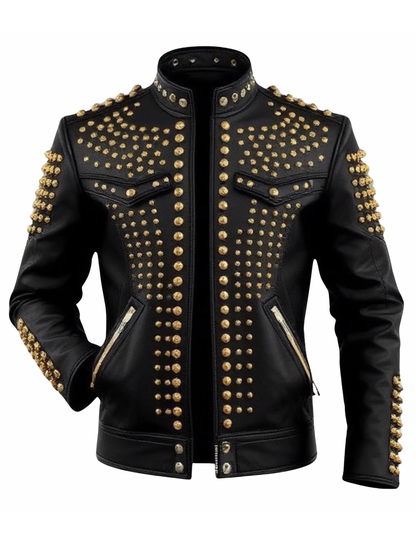 Men’s Black Studded Leather Biker Jacket – Gold Punk Rockstar Style