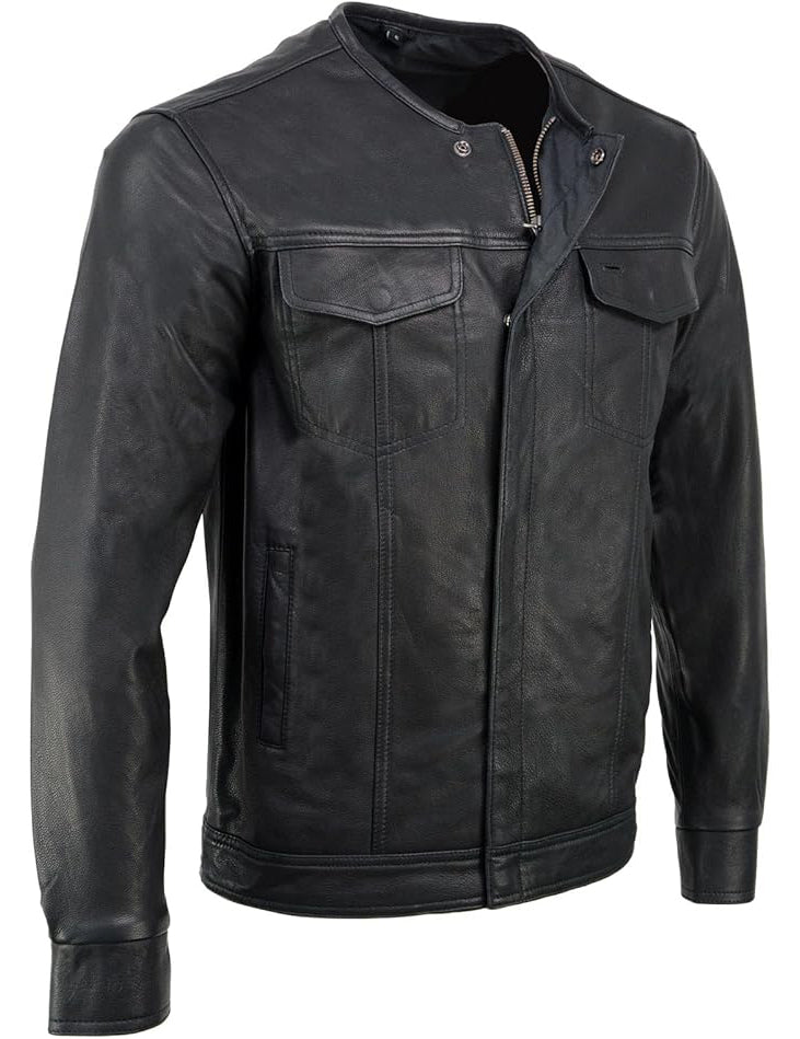 Men’s Black Goatskin Leather Biker Shirt – Collarless Casual Riding Shirt