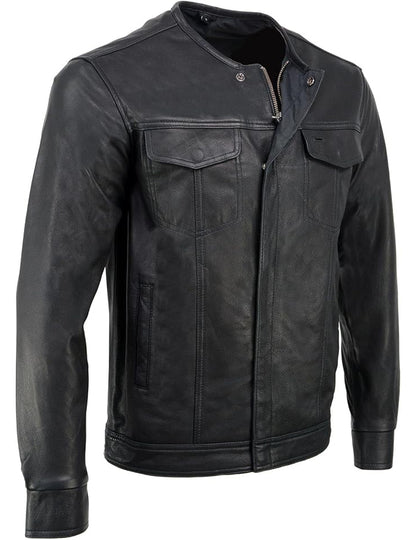 Men’s Black Goatskin Leather Biker Shirt – Collarless Casual Riding Shirt