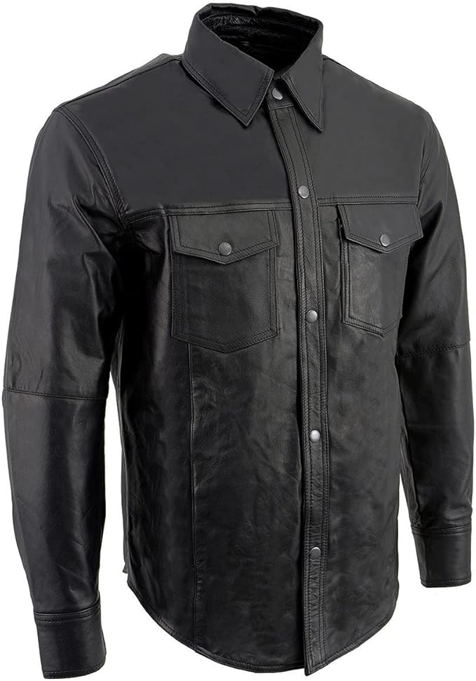 Milwaukee Leather Men’s Black Goatskin Biker Shirt – Dual Closure