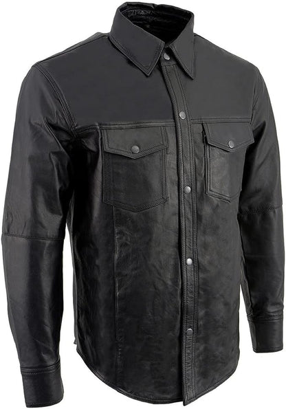 Milwaukee Leather Men’s Black Goatskin Biker Shirt – Dual Closure