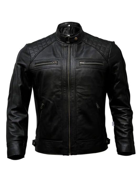 Black leather jacket with quilted design on a white background