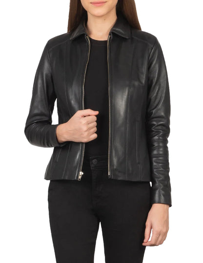 Women’s Colette Black Lambskin Leather Jacket – Stylish Sheepskin Outerwear