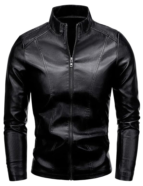 Men’s Slim Fit Faux Leather Jacket – Windproof Retro Style with Stand Collar
