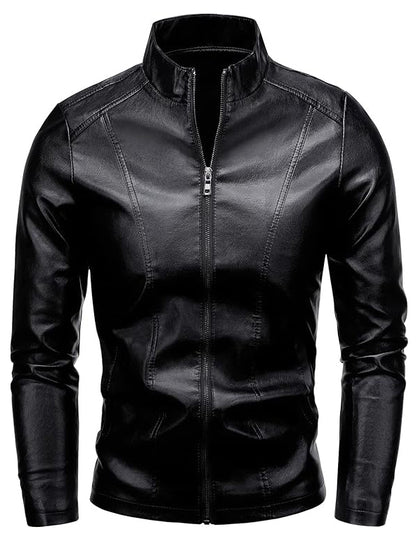 Men’s Slim Fit Faux Leather Jacket – Windproof Retro Style with Stand Collar