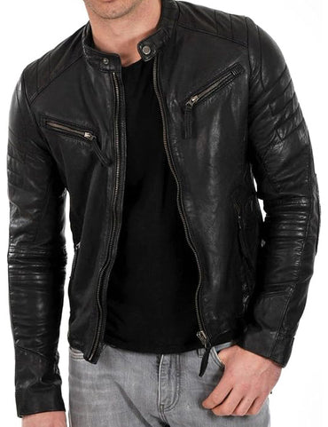 Black leather jacket worn by a person on a white background
