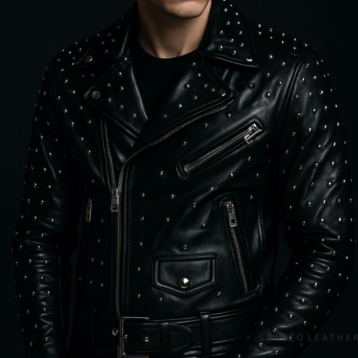 Black Sheep Men’s Studded Leather Biker Jacket – Handmade Edgy Coat