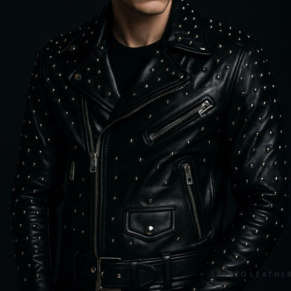 Black Sheep Men’s Studded Leather Biker Jacket – Handmade Edgy Coat