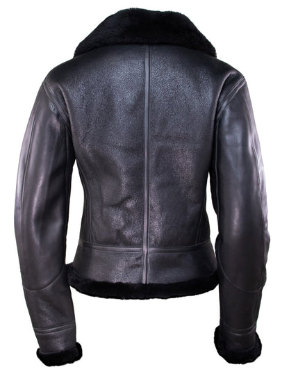 Women’s Black Shearling Leather Jacket – Premium Aviator Style with Fur Collar