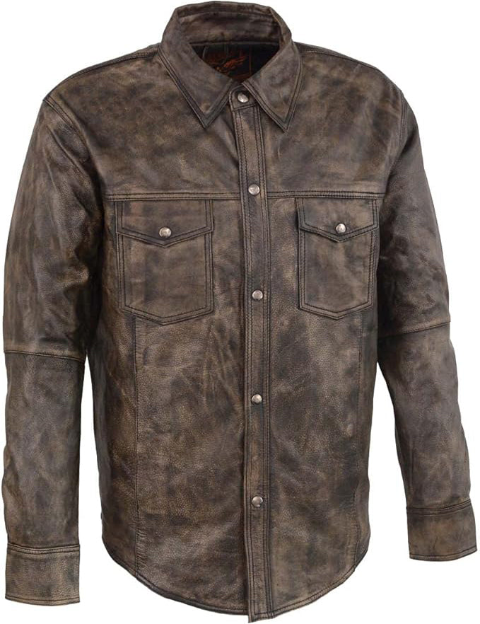 Milwaukee Leather Men’s Collarless Goatskin Biker Shirt w/ Dual Closure