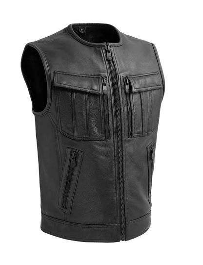 First Mfg Co Men’s Black Leather Biker Vest – Classic Motorcycle Riding Vest