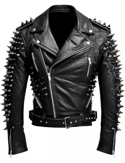 Men’s Studded Leather Biker Jacket – Punk Rock Spike Motorcycle Style