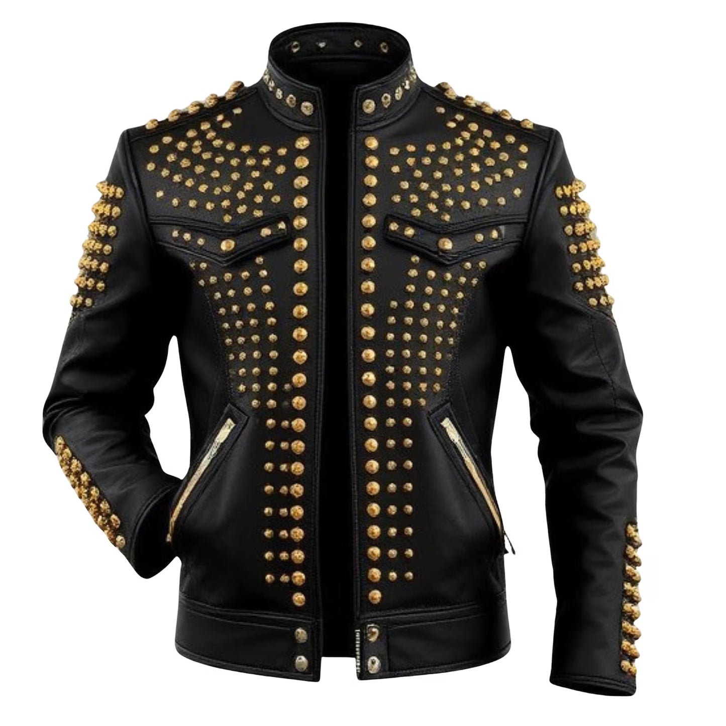 Men’s Black Studded Leather Biker Jacket – Gold Punk Rockstar Style
