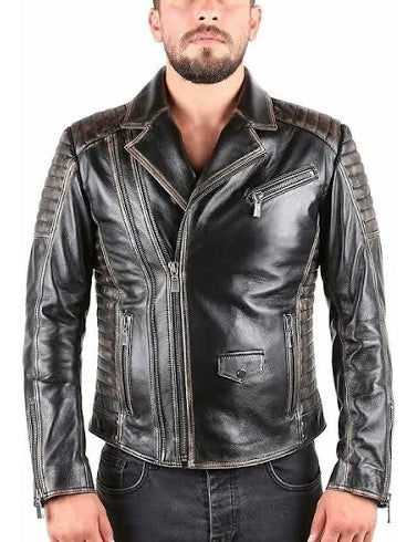 Black leather jacket worn by a person on a white background