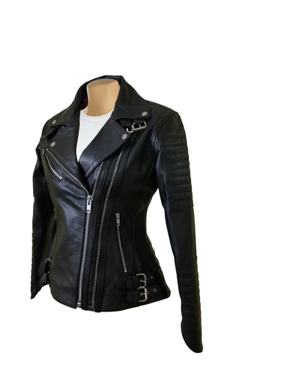 Miyah Women’s Double Zipper Leather Jacket with Ribbed Detailing