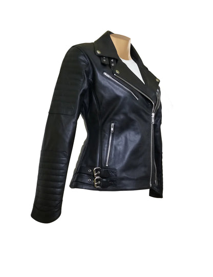 Miyah Women’s Double Zipper Leather Jacket with Ribbed Detailing