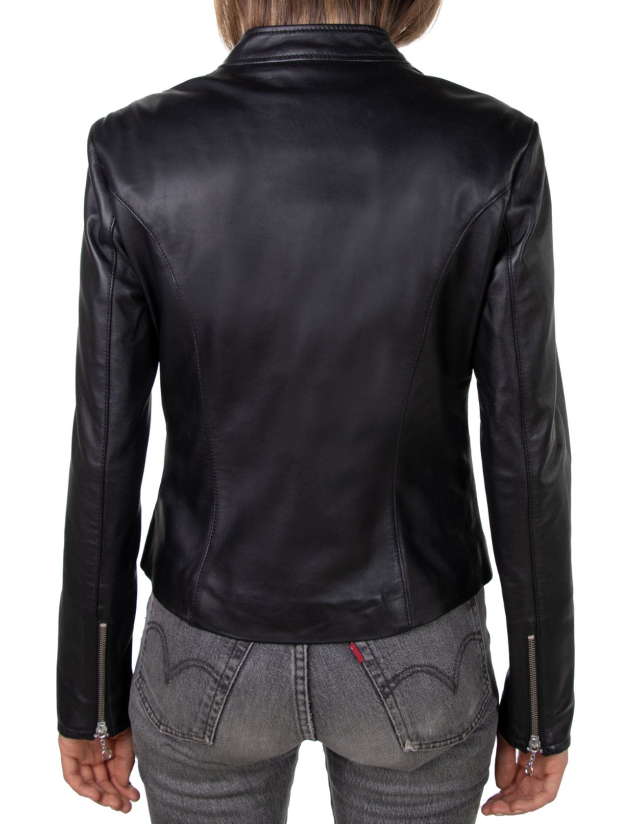 Women’s Black Leather Motorcycle Jacket – Fitted Biker Style with Zipper Pockets