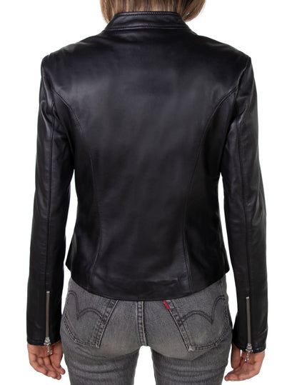 Women’s Black Leather Motorcycle Jacket – Fitted Biker Style with Zipper Pockets