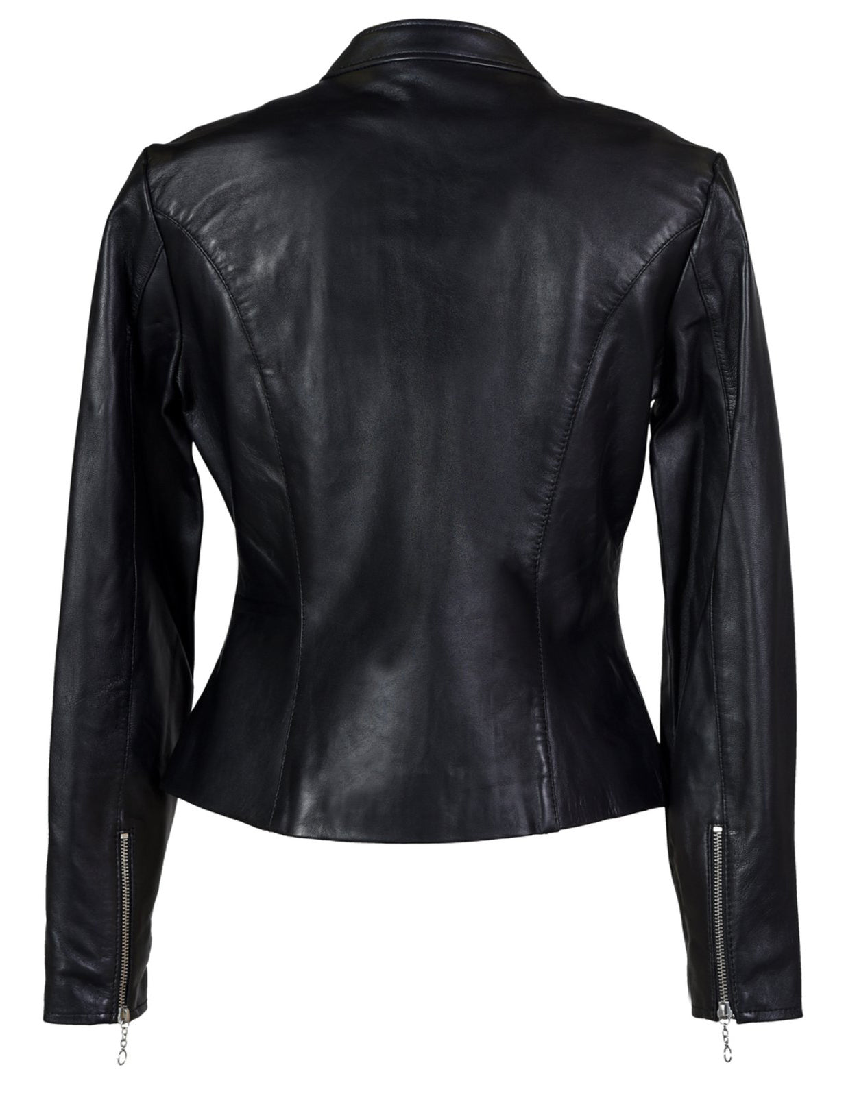 Women’s Black Leather Motorcycle Jacket – Fitted Biker Style with Zipper Pockets