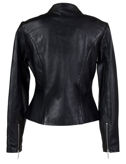 Women’s Black Leather Motorcycle Jacket – Fitted Biker Style with Zipper Pockets