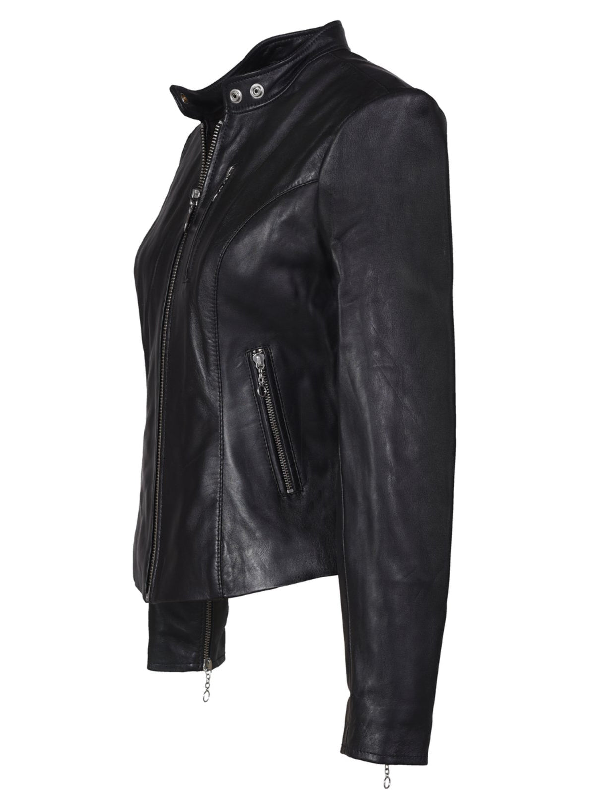 Women’s Black Leather Motorcycle Jacket – Fitted Biker Style with Zipper Pockets