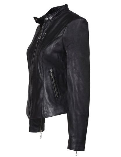 Women’s Black Leather Motorcycle Jacket – Fitted Biker Style with Zipper Pockets