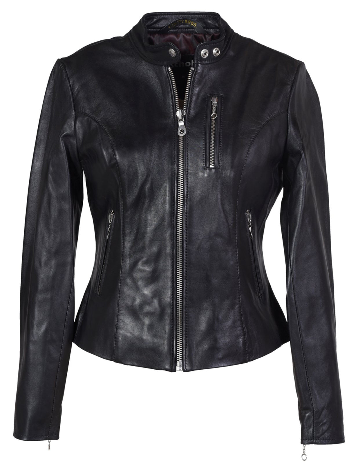 Women’s Black Leather Motorcycle Jacket – Fitted Biker Style with Zipper Pockets