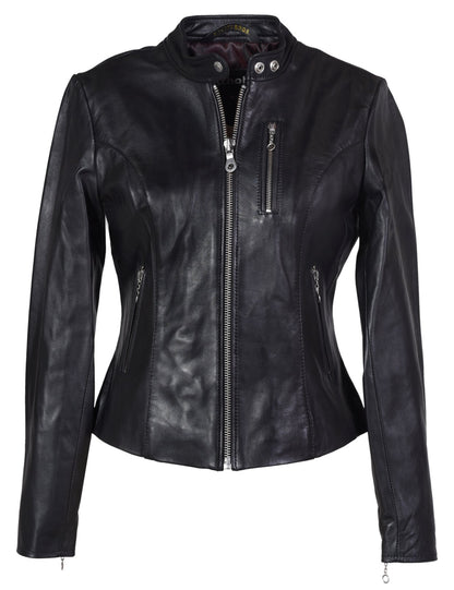 Women’s Black Leather Motorcycle Jacket – Fitted Biker Style with Zipper Pockets